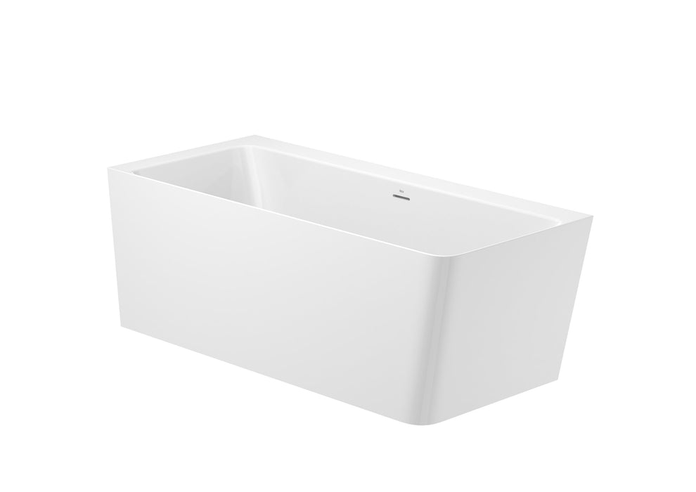 Asymmetric left corner Stonex® bathtub with panels. Includes click-clack drain, trap and integrated overflow.