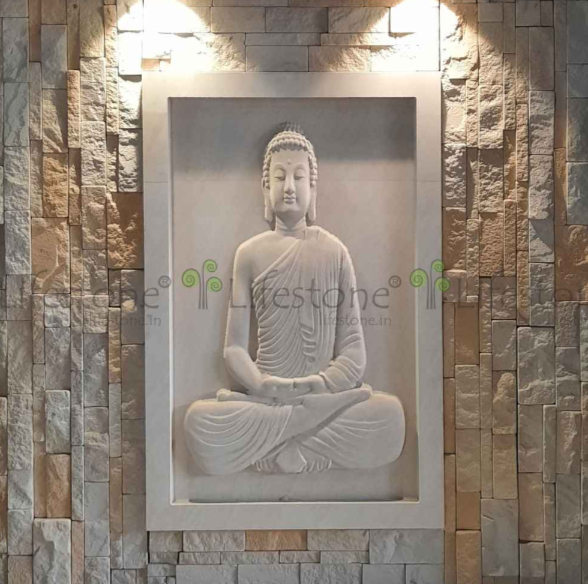 3d MEDITATING BUDDHA STONE MURAL IN MINT SANDSTONE 2FT X 3 FT