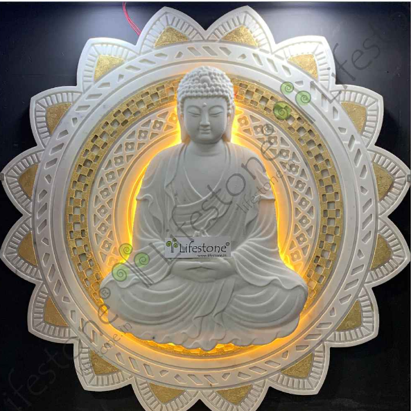 STONE MURAL DIVINE BUDDHA ON MARBLE WITH LED BACKLIT