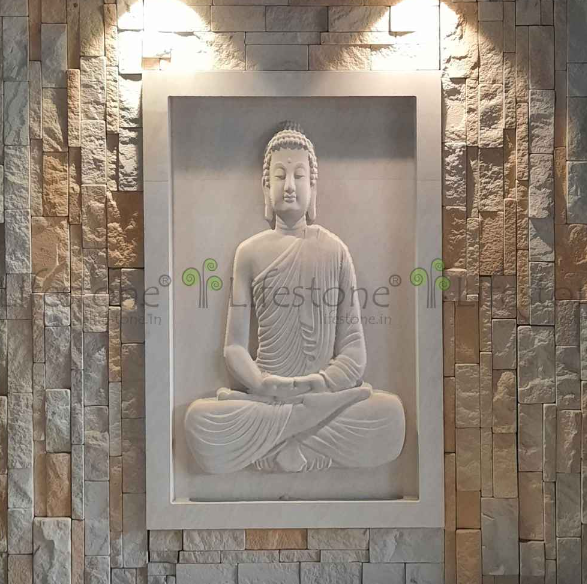3d MEDITATING BUDDHA STONE MURAL IN MINT SANDSTONE 2FT X 3 FT
