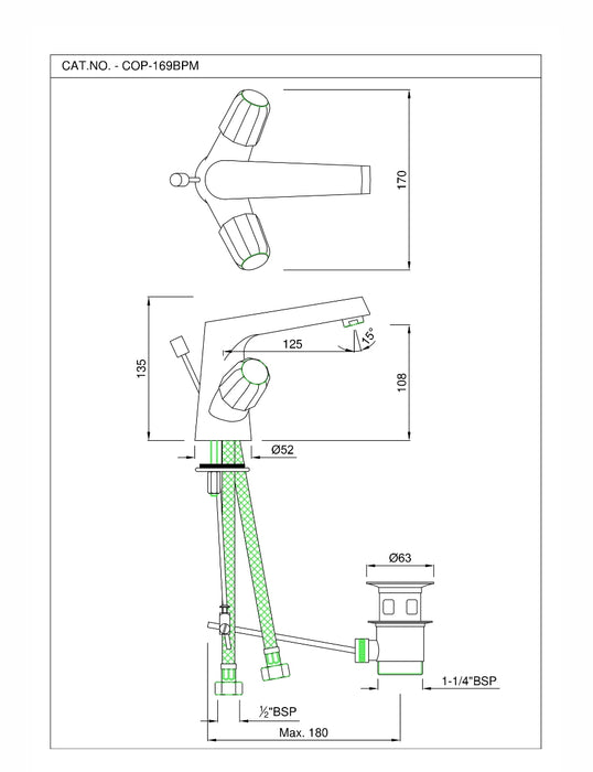 CENTRAL HOLE BASIN MIXER WITH POPUP WASTE SYSTEM (COP-CHR-169BPM)