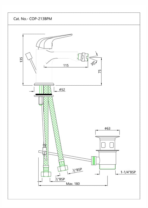 SINGLE LEVER 1-HOLE BIDET MIXER WITH POPUP WASTE SYSTEM (COP-CHR-213BPM)